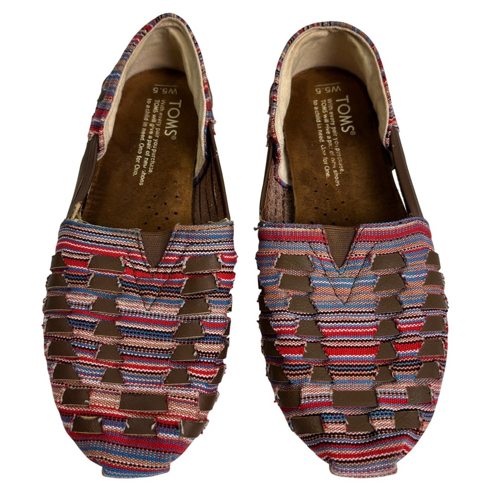 TOMS Womens‎ Woven Huarache Flats Size 5.5 Boho Brown Red Blue Slip On